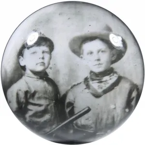 Antique American Art Glass Paperweight Photo Plaque Youth in Civil War Uniforms & Rifle