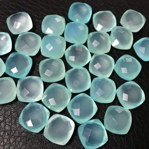 Aqua Chalcedony Faceted Checker Cushion Gemstone Beads Matching Pair 6pc 10mm