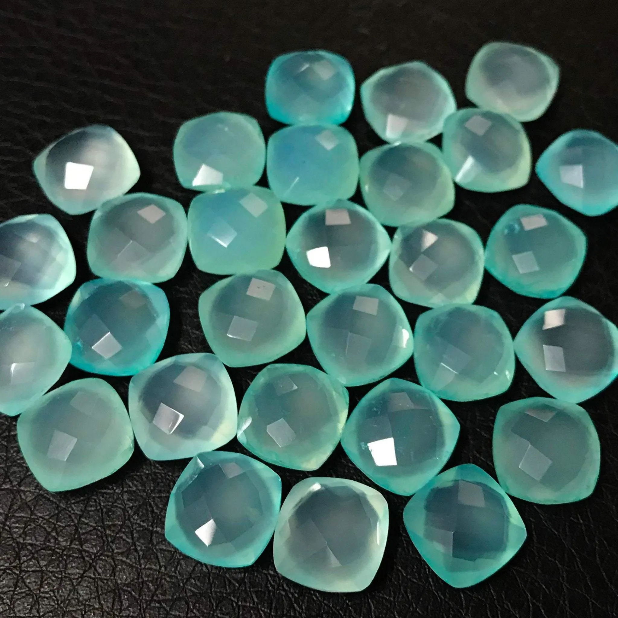 Aqua Chalcedony Faceted Checker Cushion Gemstone Beads Matching Pair 6pc 10mm