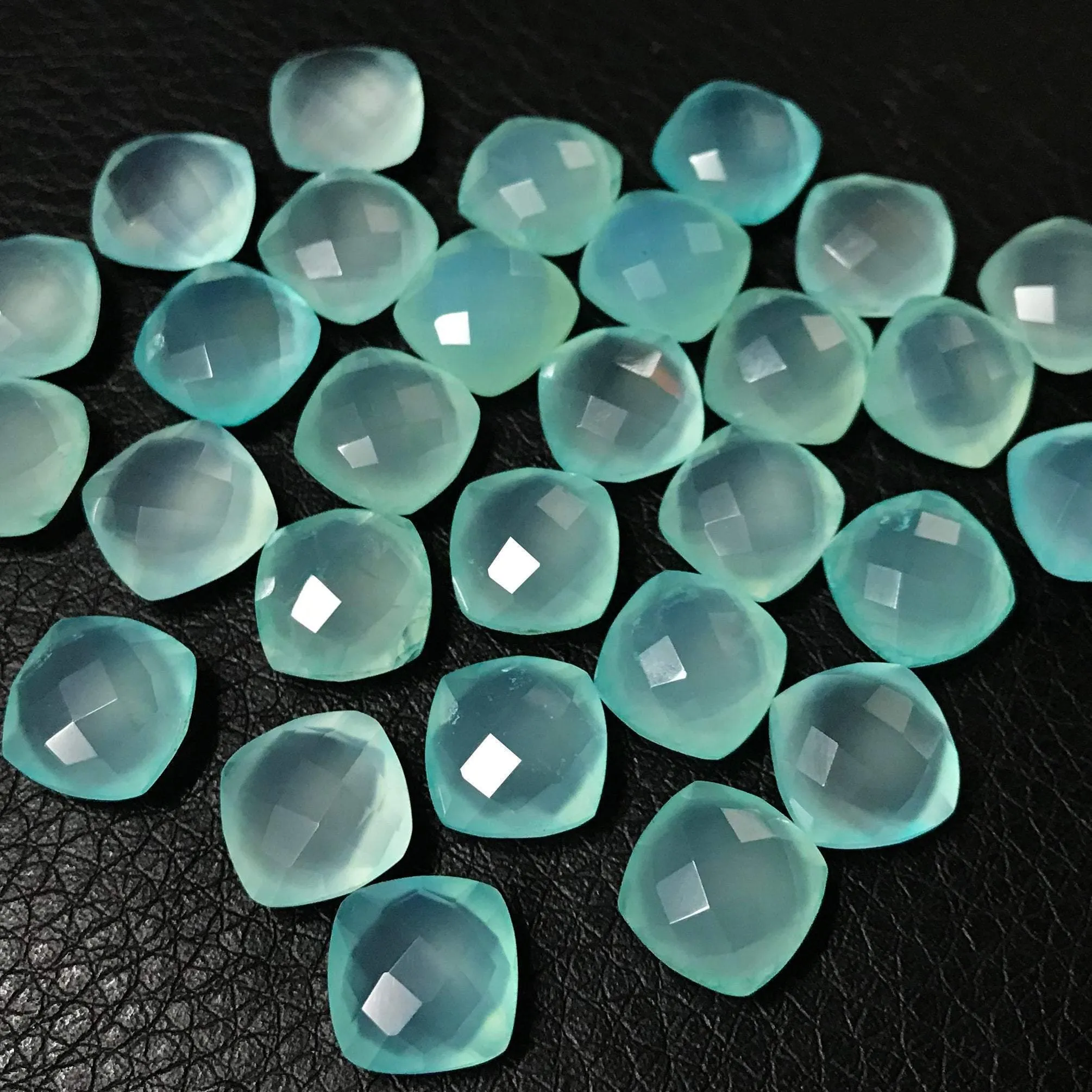 Aqua Chalcedony Faceted Checker Cushion Gemstone Beads Matching Pair 6pc 10mm