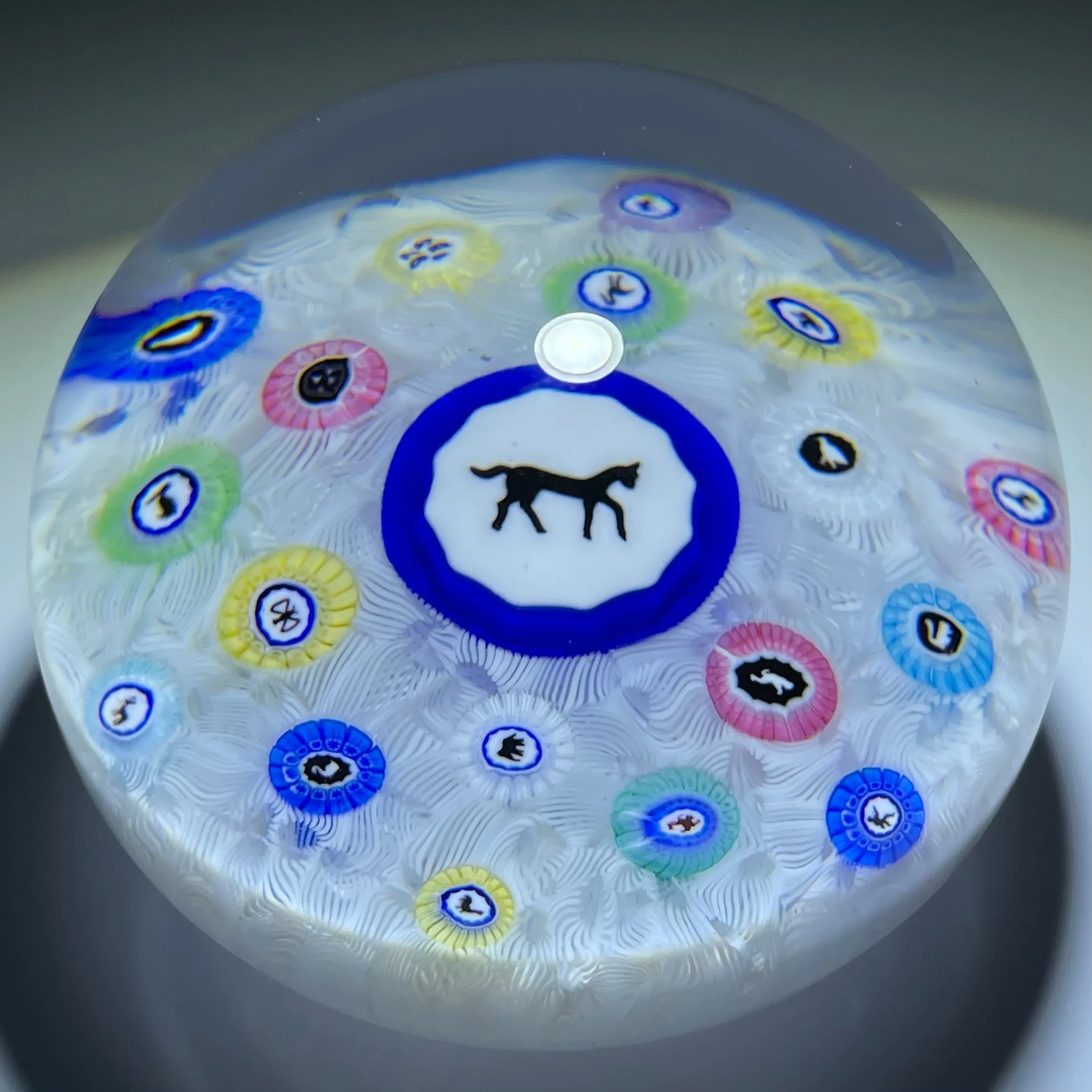 Baccarat 1973 Art Glass Paperweight Gridel Silhouette Millefiori Horse with Complex Millefiori