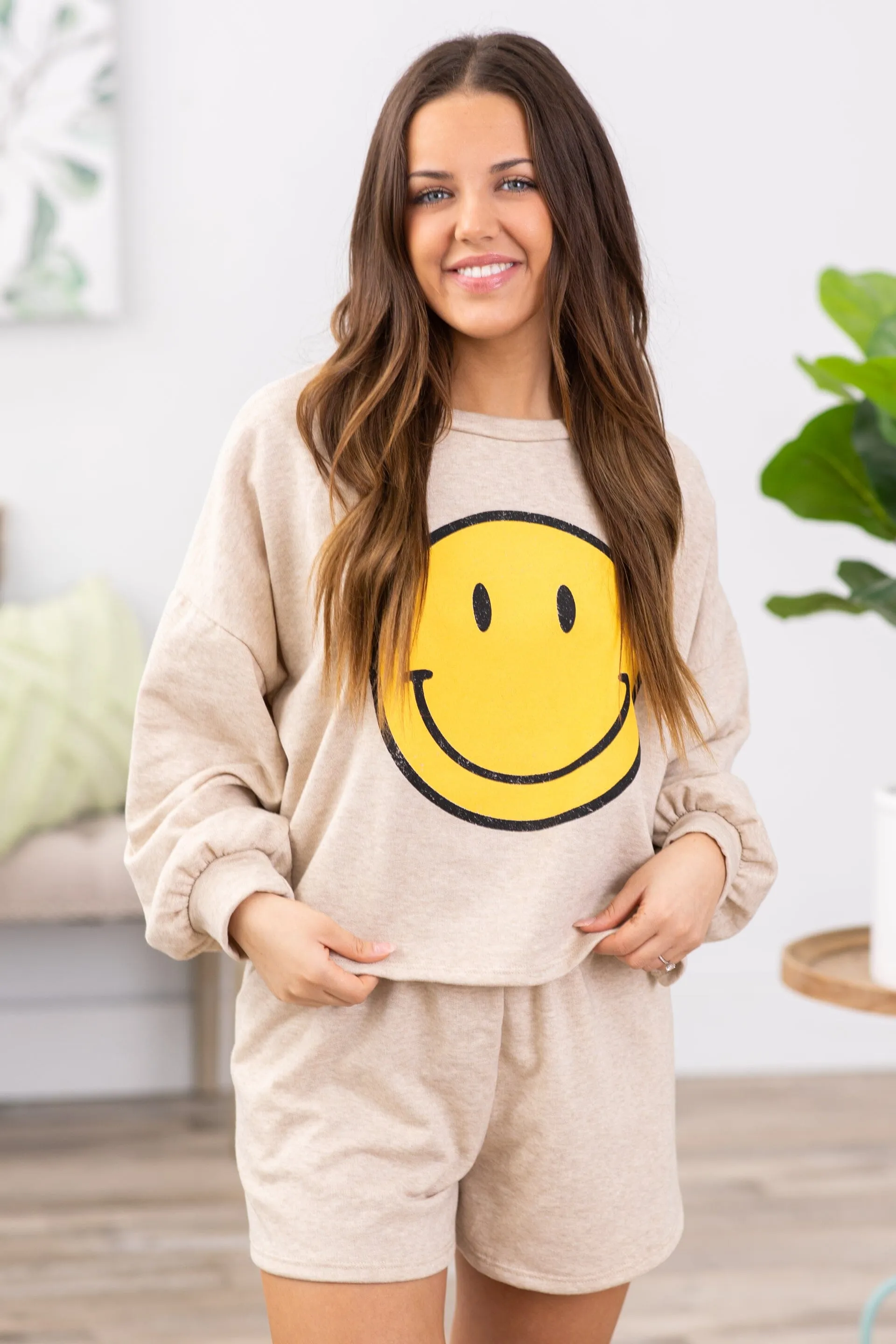 Beige Smiley Face Sweatshirt and Shorts Set