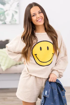Beige Smiley Face Sweatshirt and Shorts Set