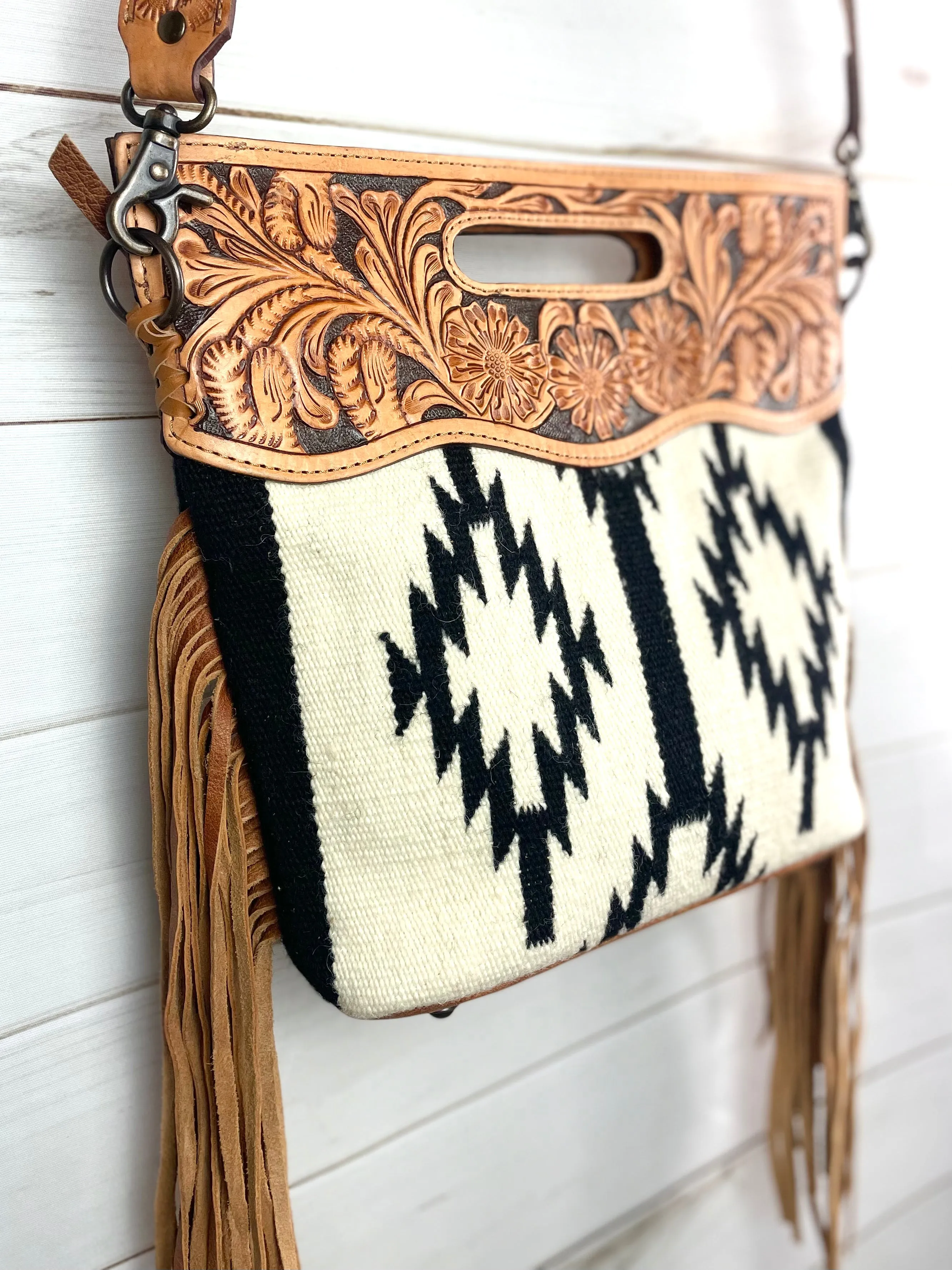 Black and Cream White Wool Leather Open Handle Fringe Bag
