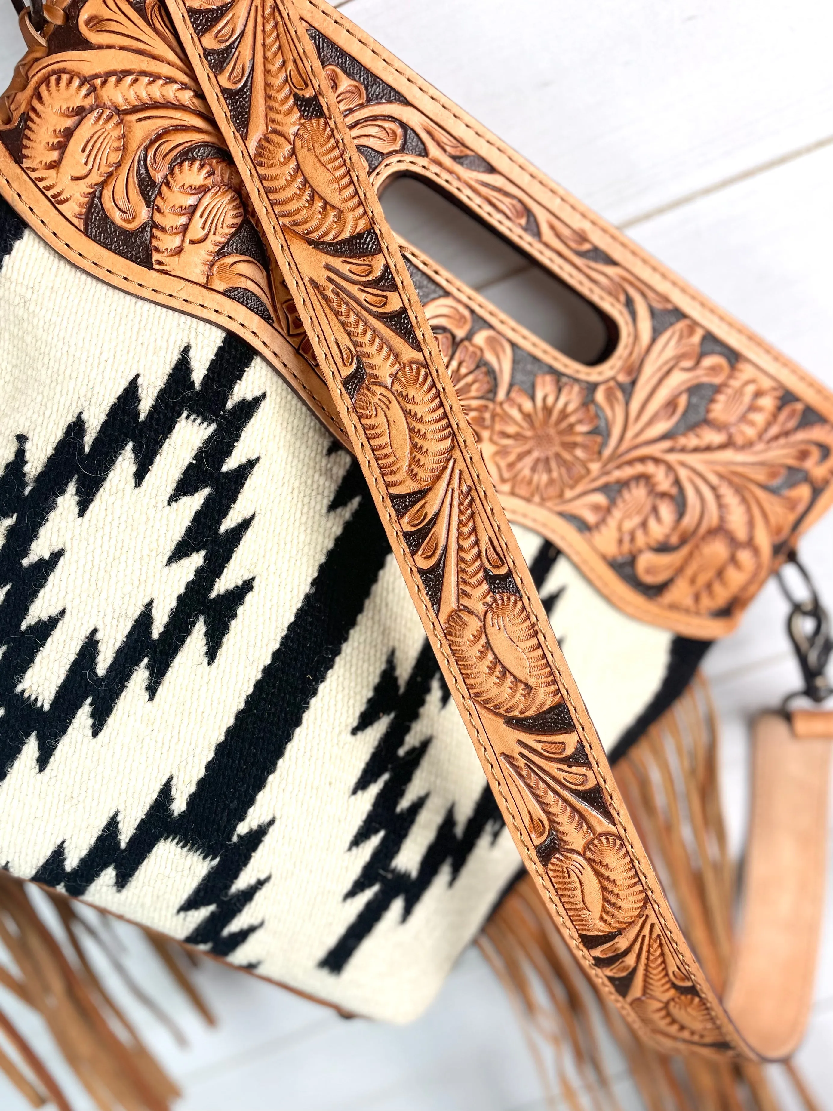 Black and Cream White Wool Leather Open Handle Fringe Bag