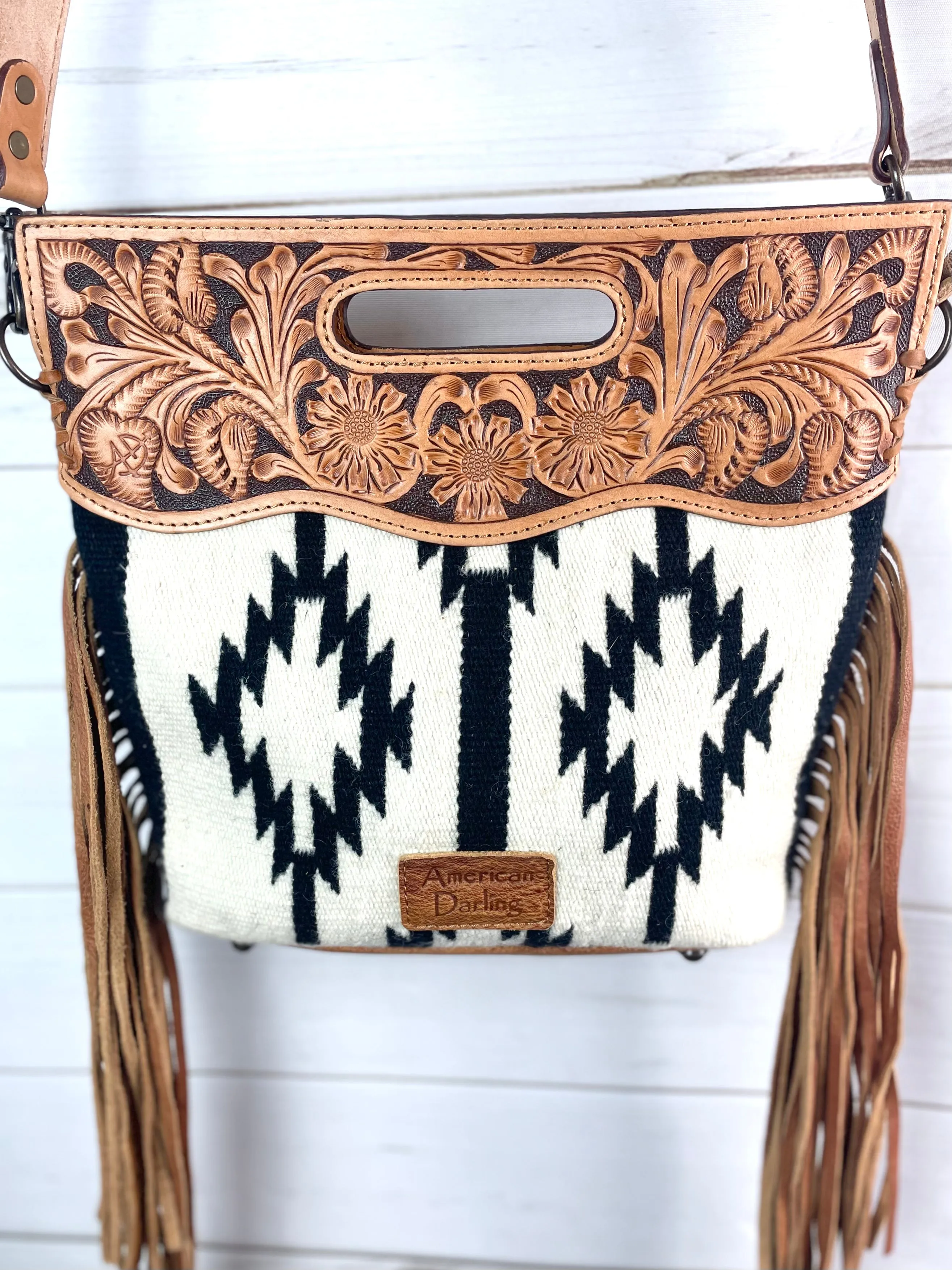 Black and Cream White Wool Leather Open Handle Fringe Bag