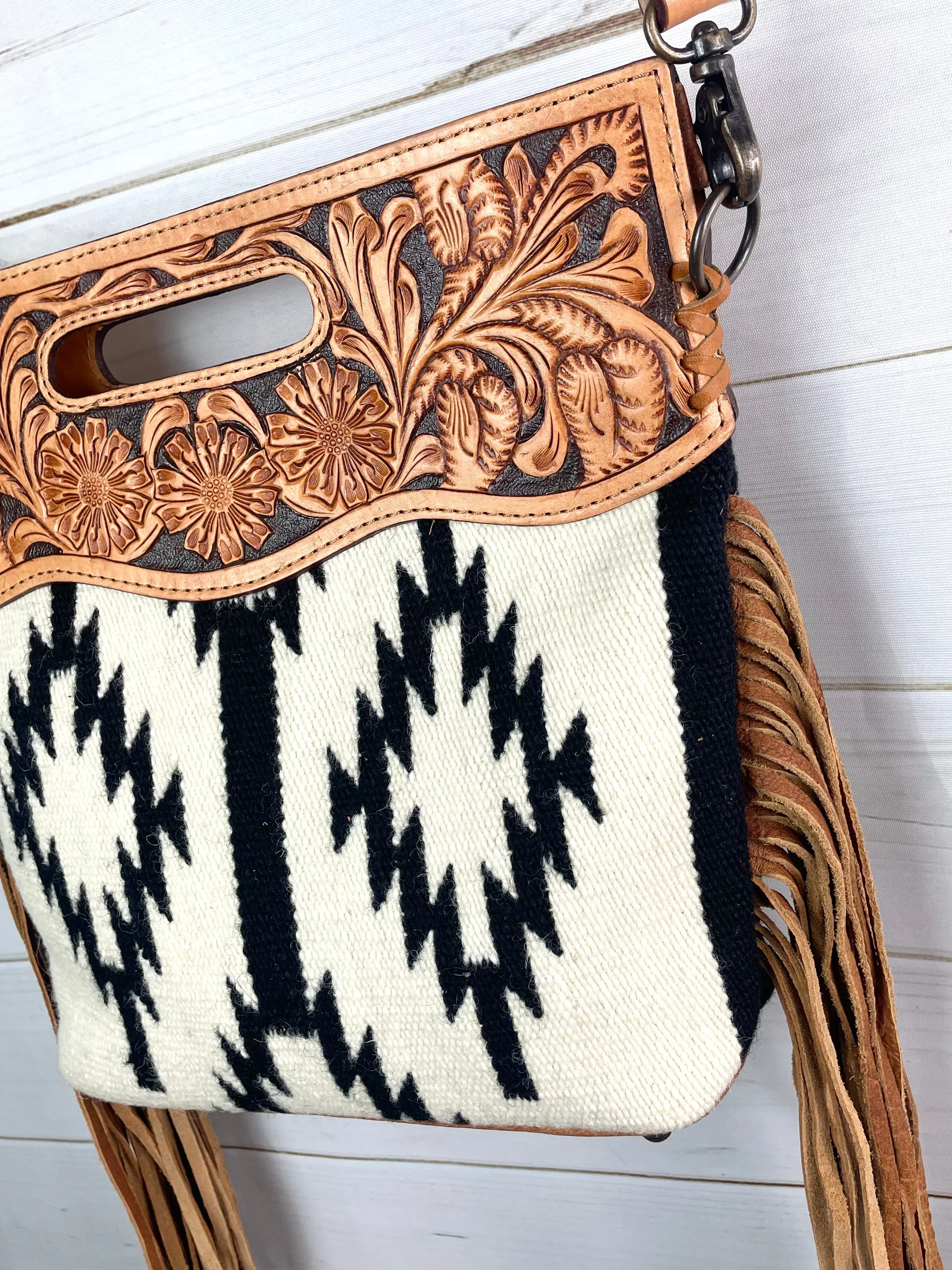 Black and Cream White Wool Leather Open Handle Fringe Bag