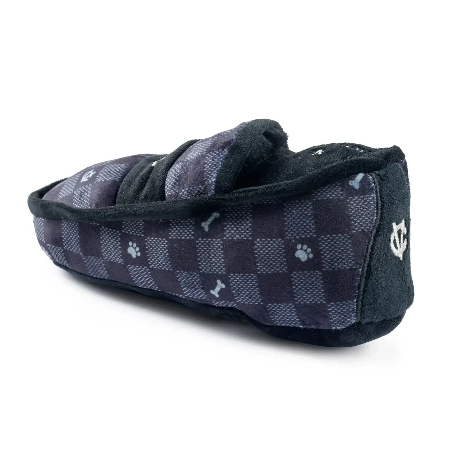 Black Checker Chewy Vuiton Bone Squeaker Dog Toy