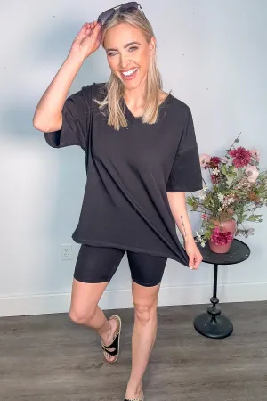 Black Cotton V-Neck Top And Biker Shorts Set