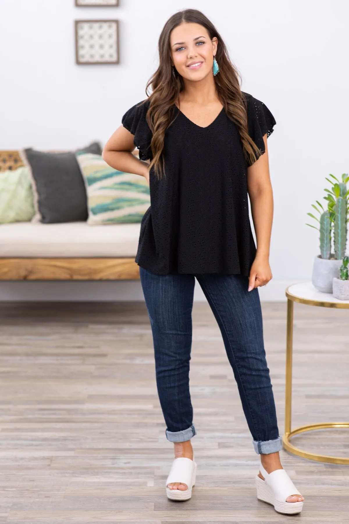 Black Eyelet Short Sleeve Top