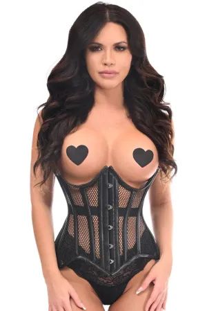 Black Fishnet & Faux Leather Steel Boned Underwire Waist Cincher