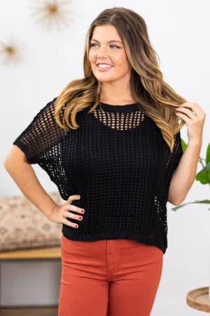 Black Fishnet Ribbed Trim Top