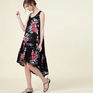 Black Floral Drop-Waist Dress