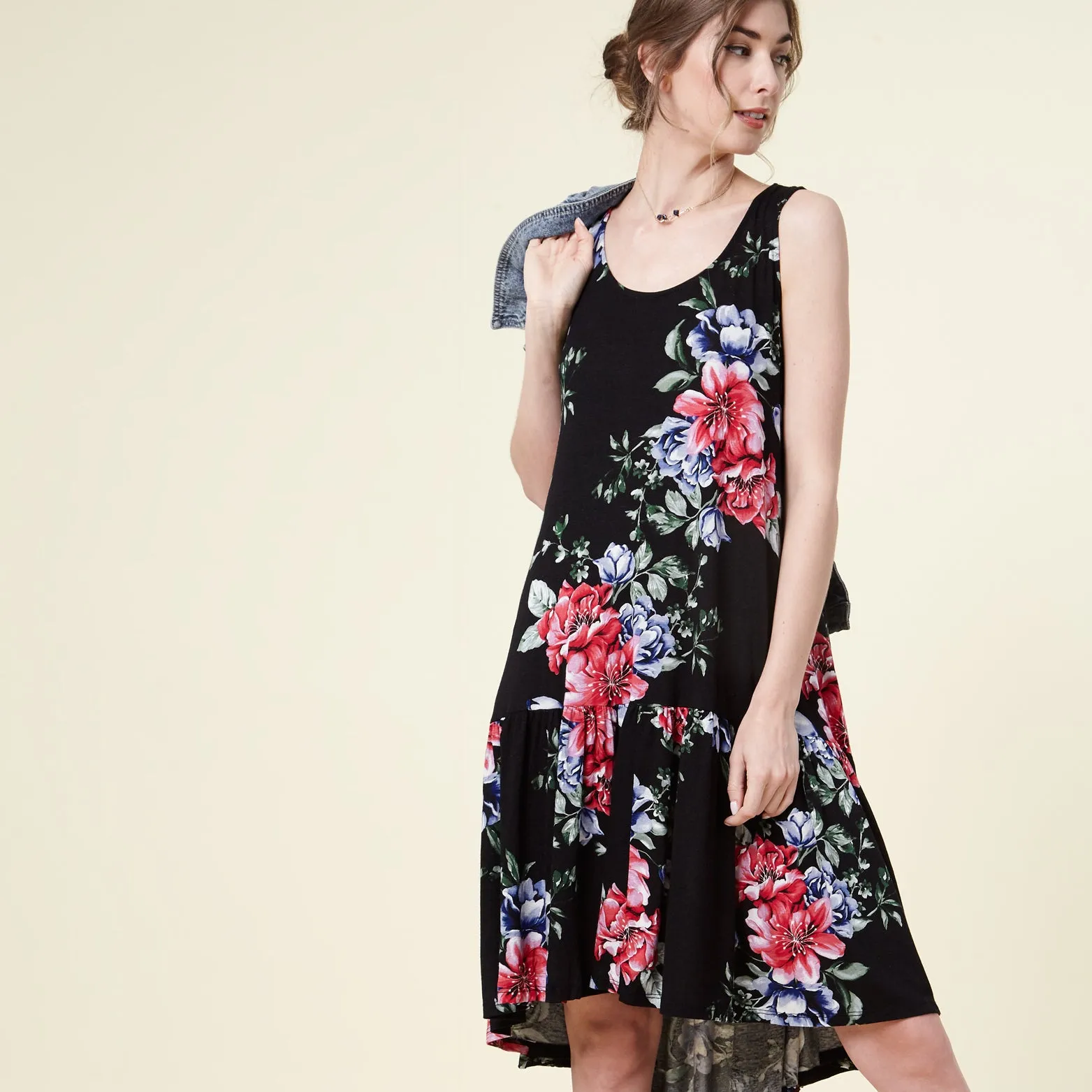 Black Floral Drop-Waist Dress