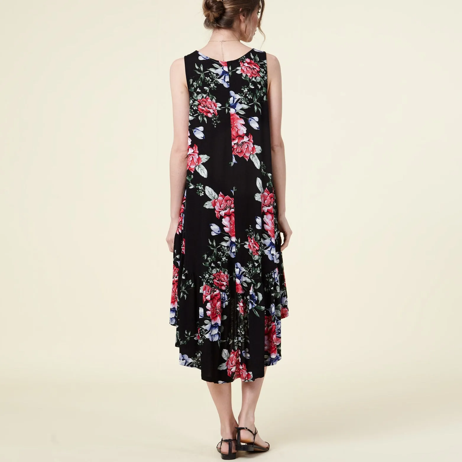 Black Floral Drop-Waist Dress