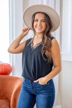 Black Lace Trim V-Neck Tank