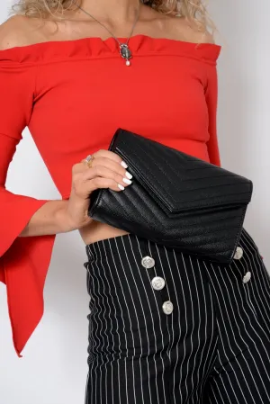 Black Quilted Envelope Clutch Bag - Evelina
