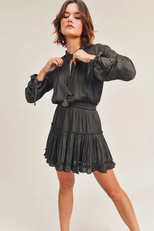 Black Silky Cinch Sleeve Dress