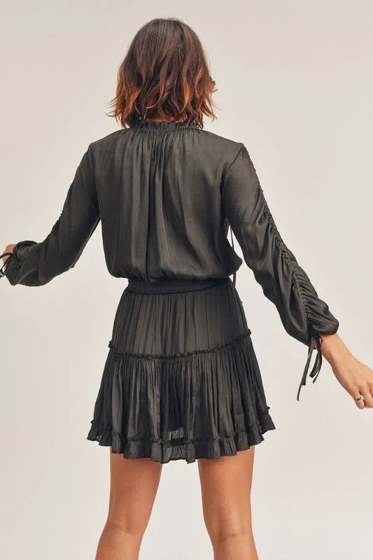 Black Silky Cinch Sleeve Dress