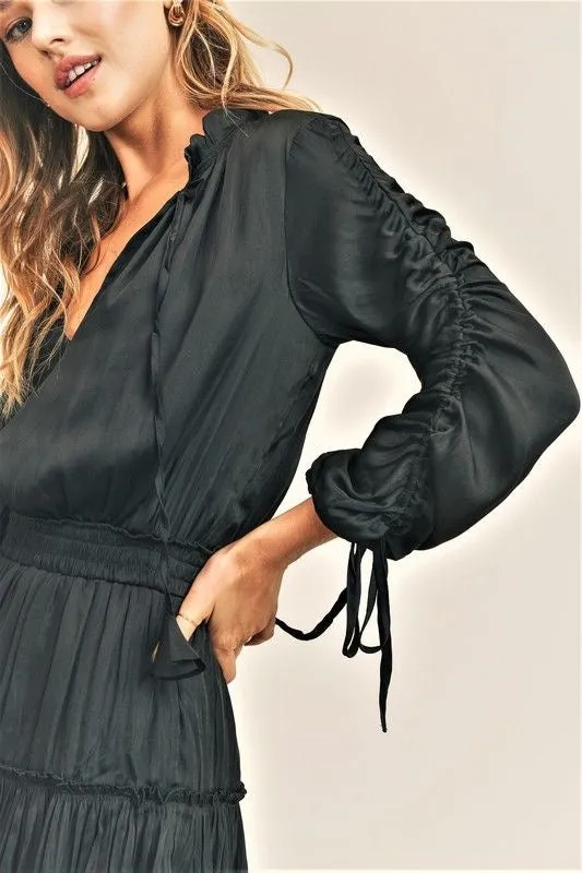 Black Silky Cinch Sleeve Dress