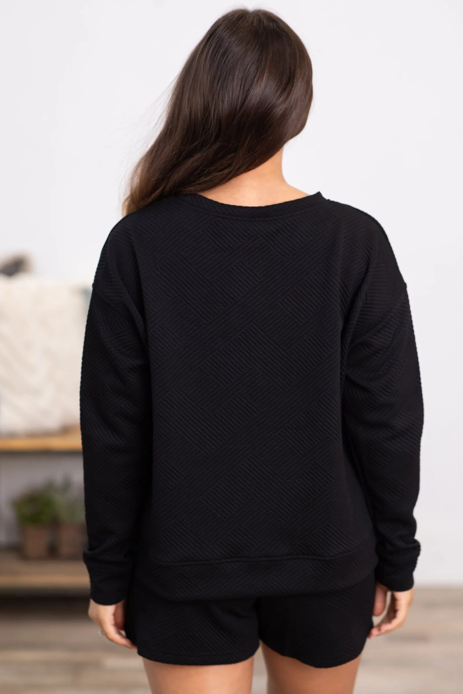 Black Textured Long Sleeve Top and Shorts Set