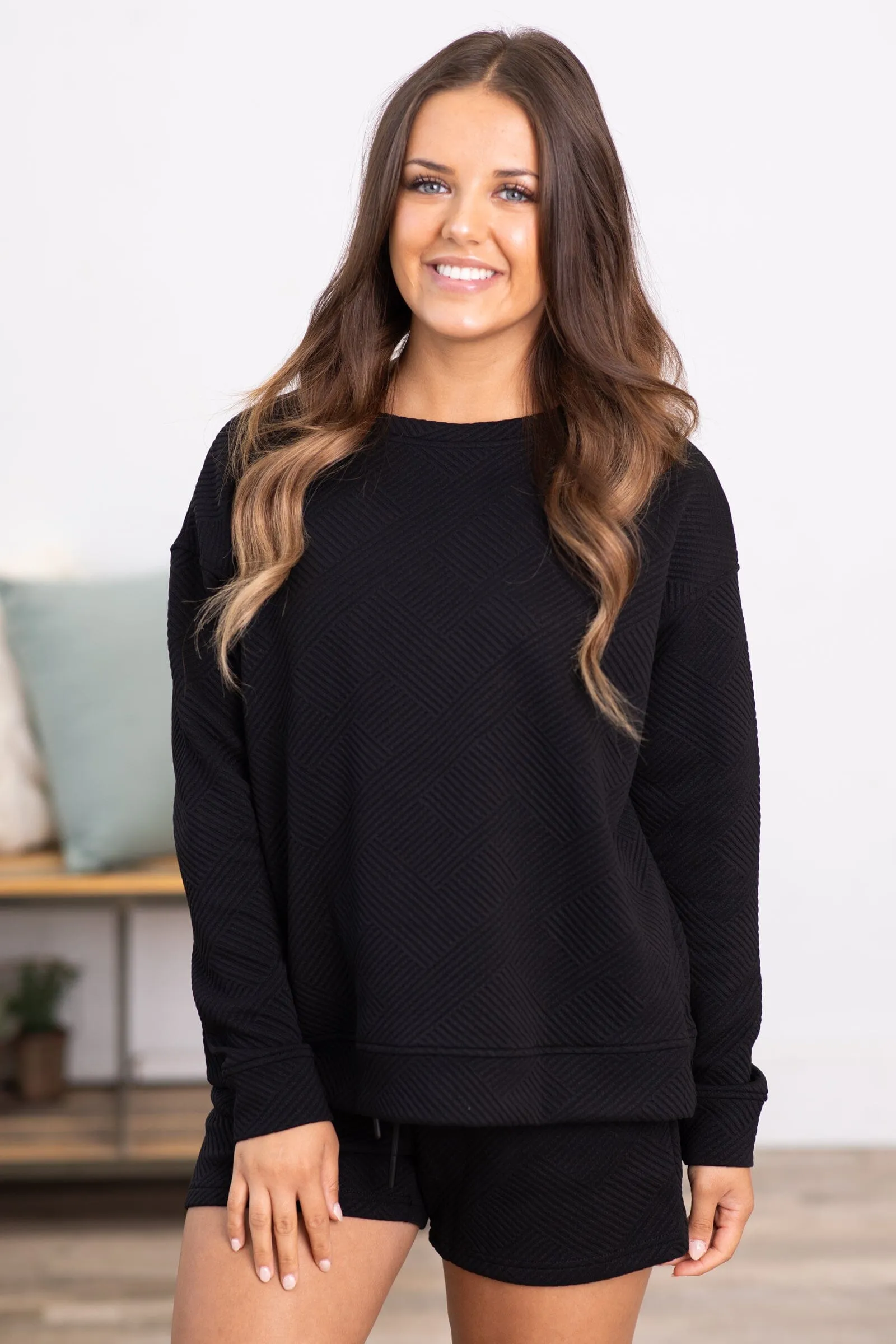 Black Textured Long Sleeve Top and Shorts Set