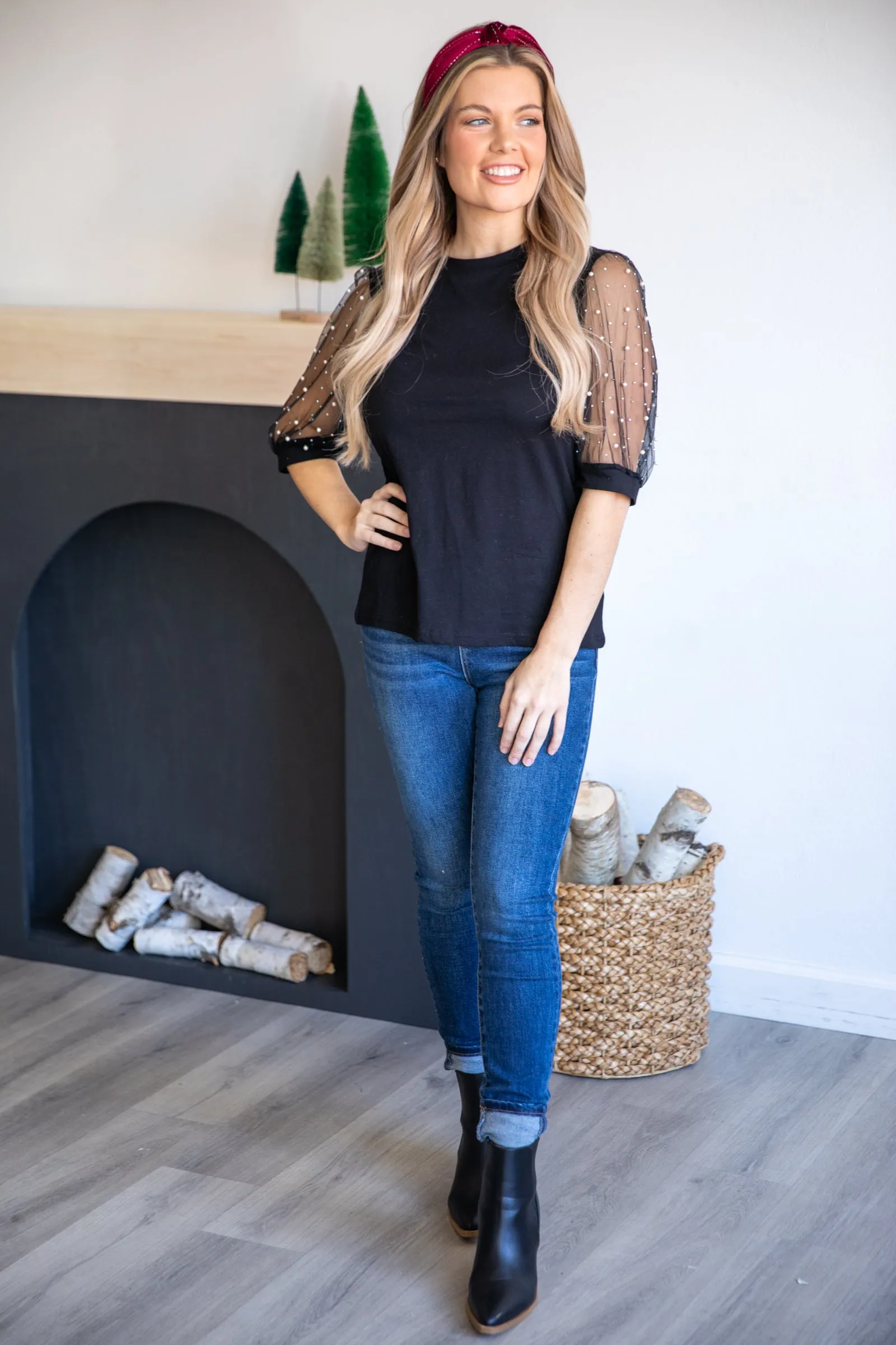 Black Top With Mesh Pearl Puff Sleeves