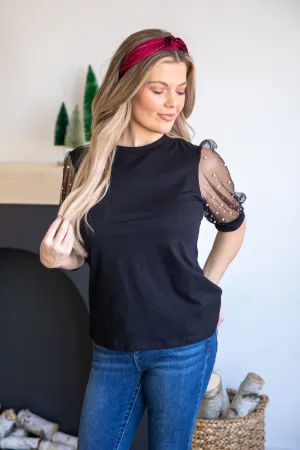 Black Top With Mesh Pearl Puff Sleeves