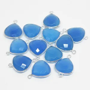 Blue Chalcedony Checker Heart Faceted 925 Sterling Silver Connector 2pc 18mm