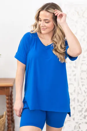Blue Soft V-Neck Top and Biker Short Set