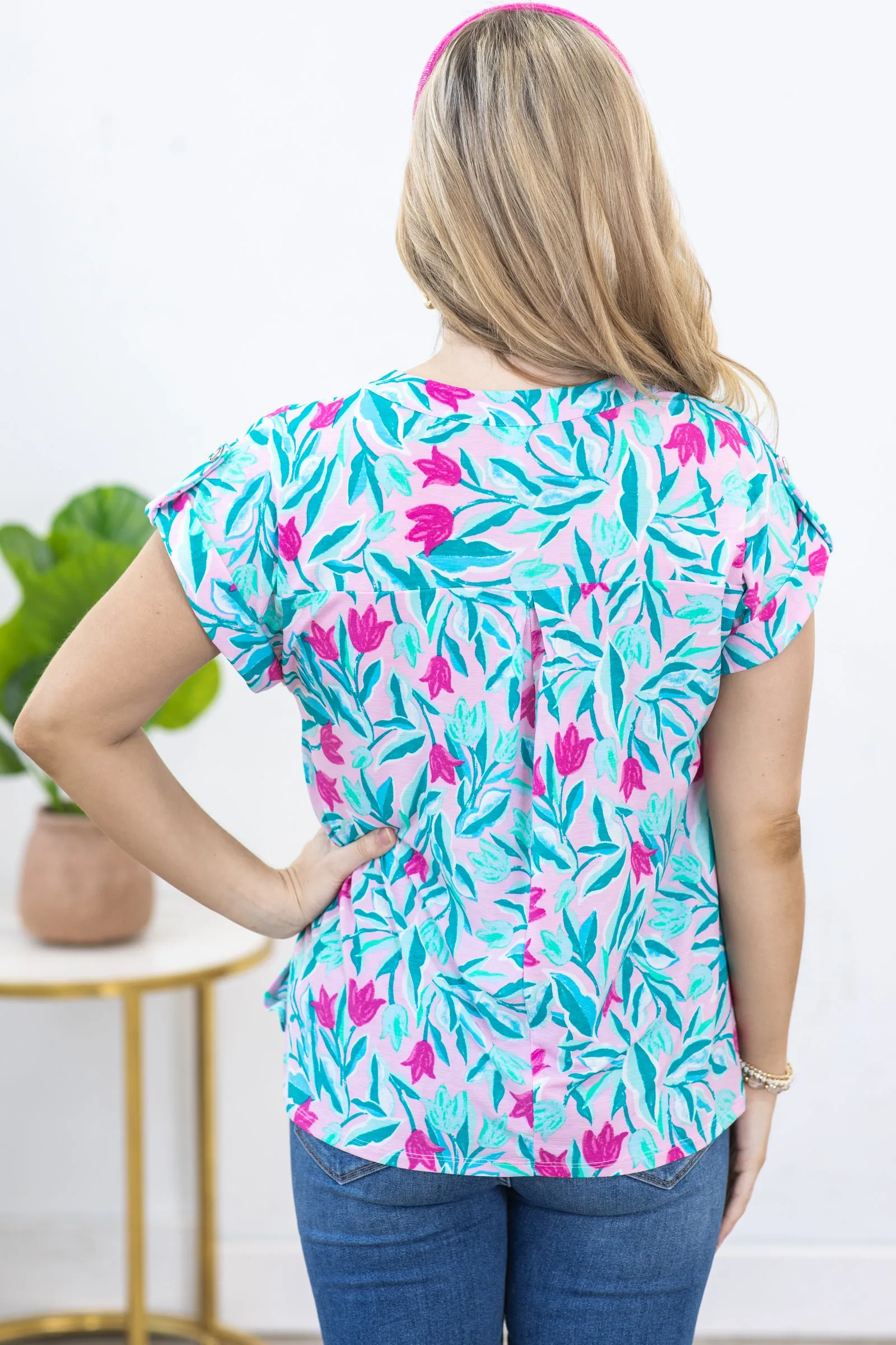 Blush and Teal Wrinkle Free Lizzy Top