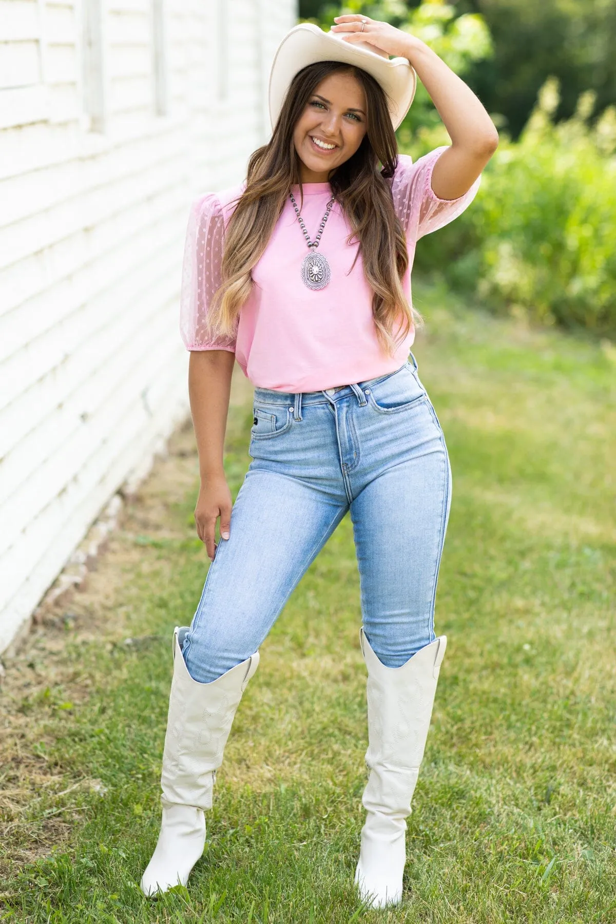 Blush Swiss Dot Mesh Balloon Sleeve Top