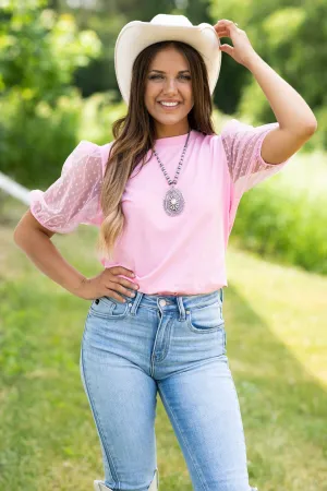 Blush Swiss Dot Mesh Balloon Sleeve Top