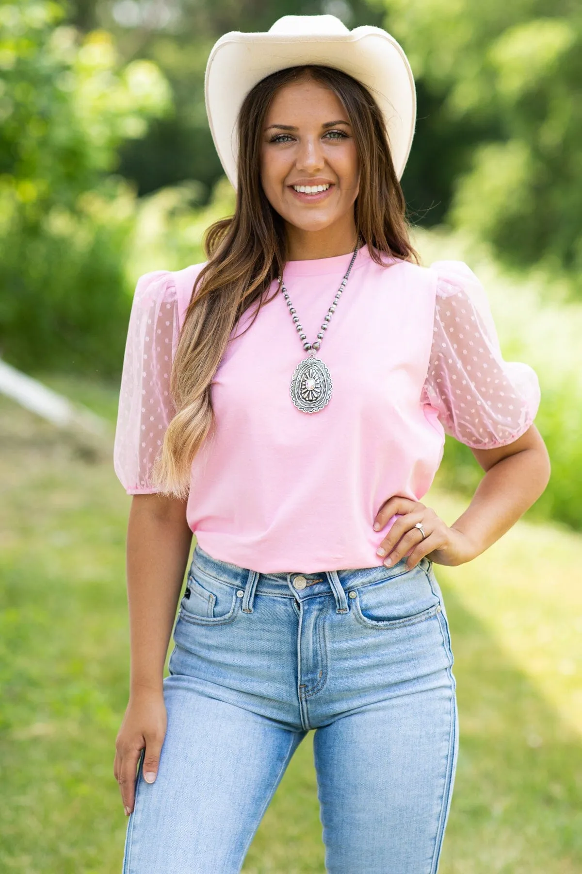 Blush Swiss Dot Mesh Balloon Sleeve Top