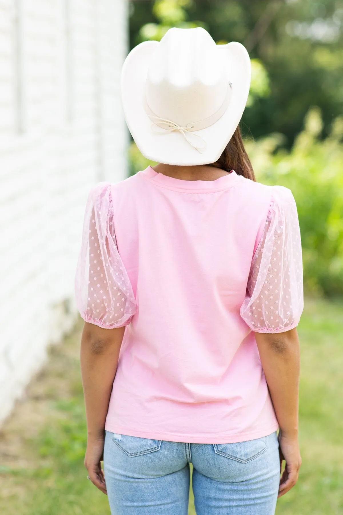 Blush Swiss Dot Mesh Balloon Sleeve Top