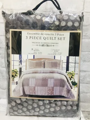 Brand new Premier Bamboo Comfort 3 Piece Quilt Set! Fits Double/Queen!    Dotted Black/Grey!