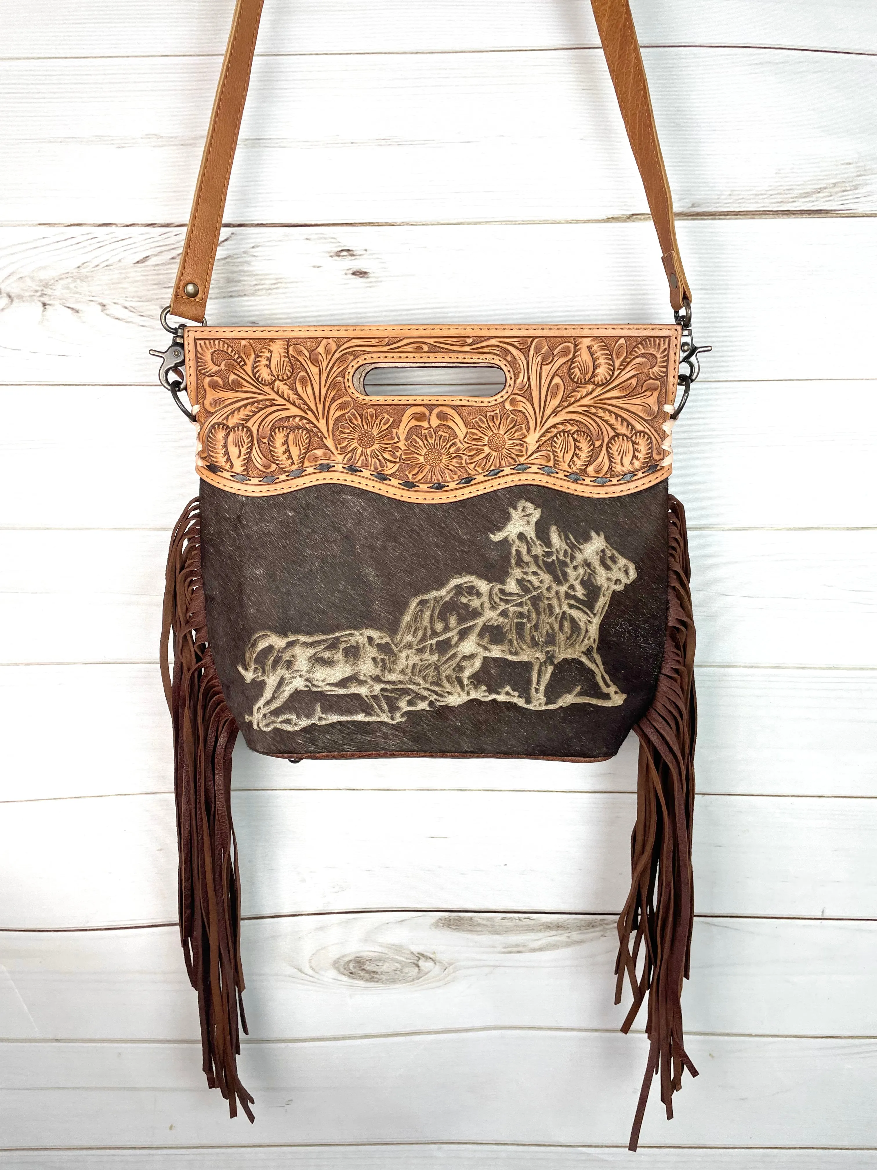 Branded Cowgirl Roper Hide & Leather Handle Fringe Bag