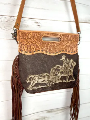 Branded Cowgirl Roper Hide & Leather Handle Fringe Bag