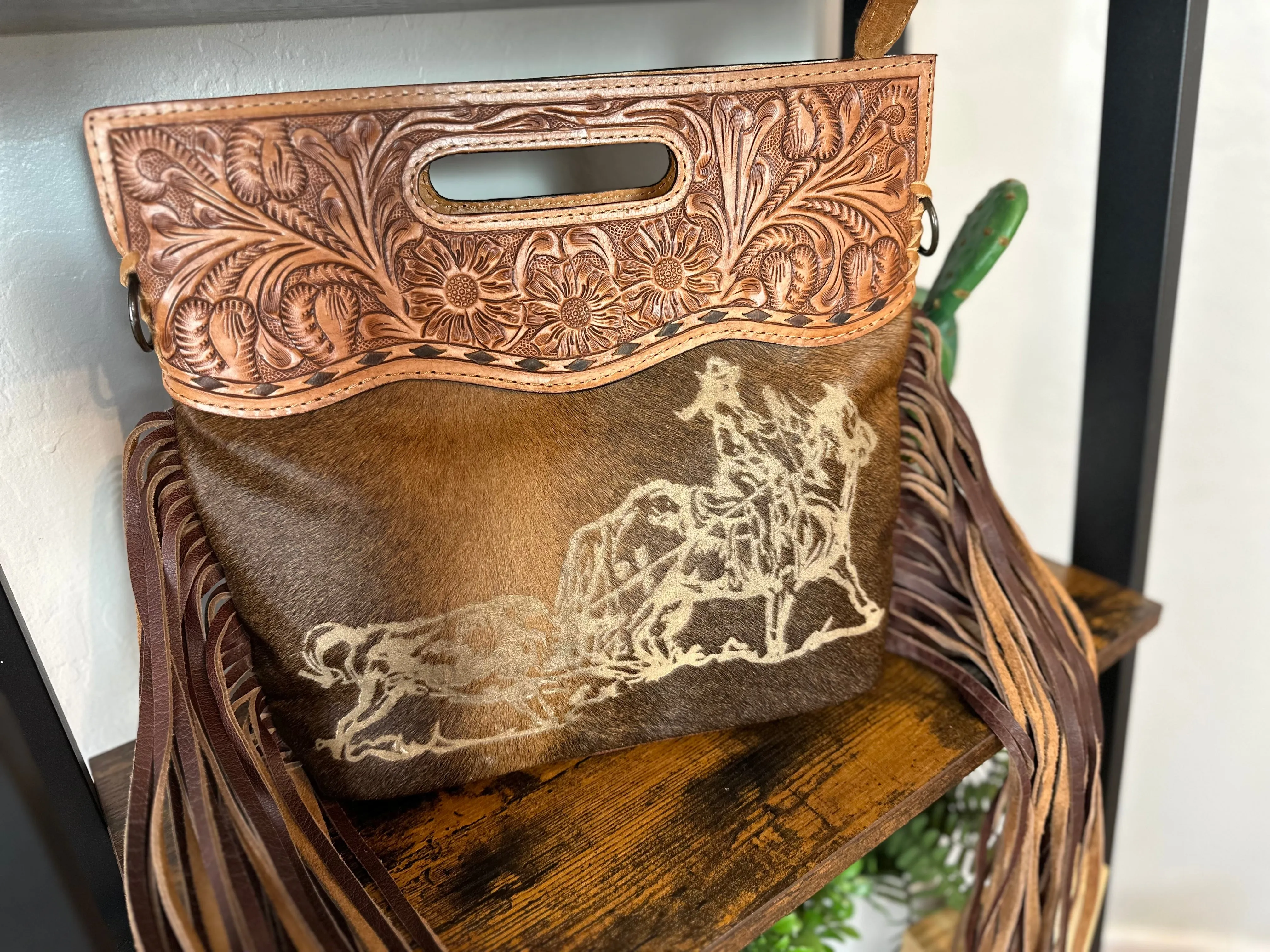 Branded Cowgirl Roper Hide & Leather Handle Fringe Bag