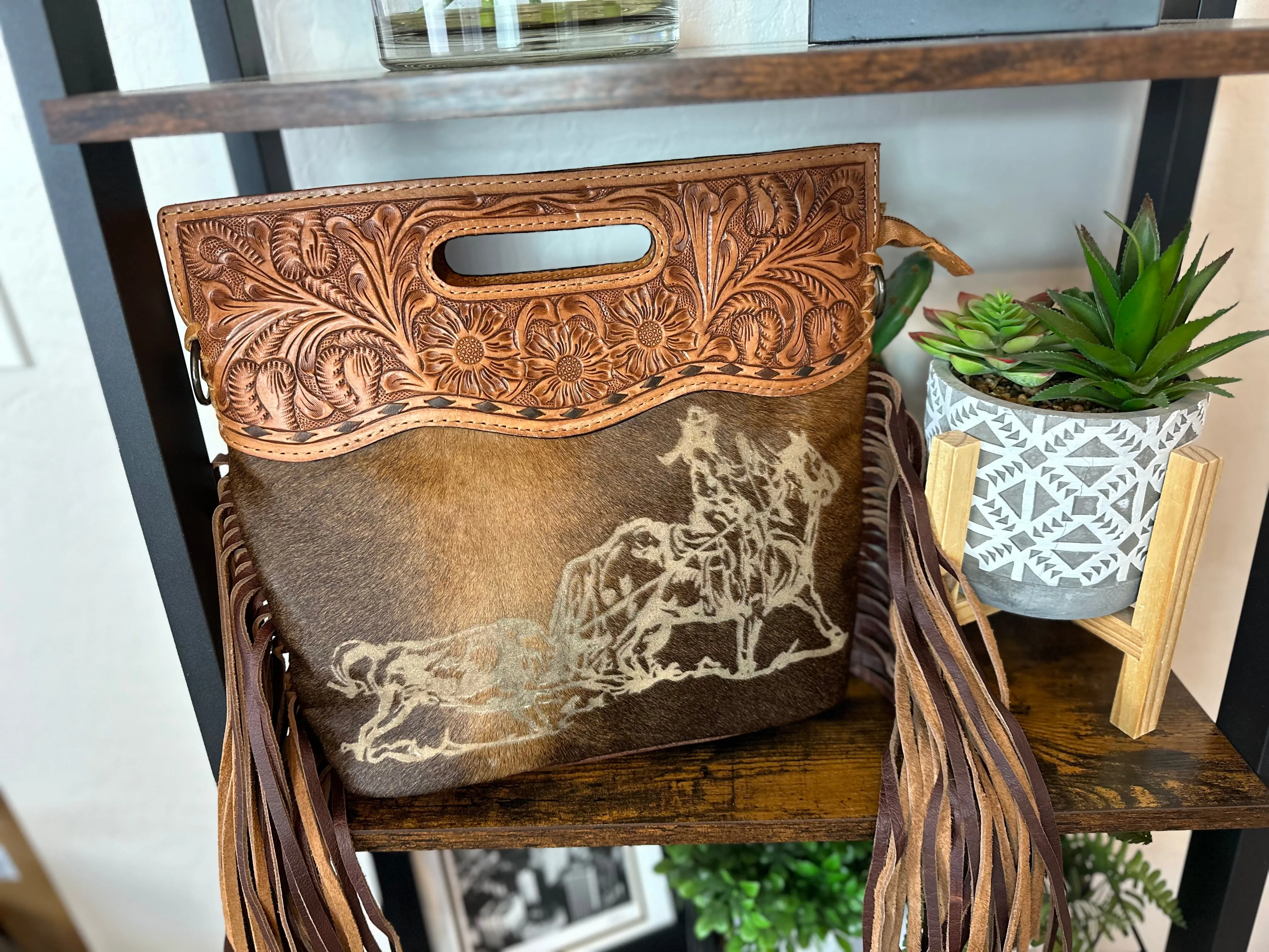 Branded Cowgirl Roper Hide & Leather Handle Fringe Bag