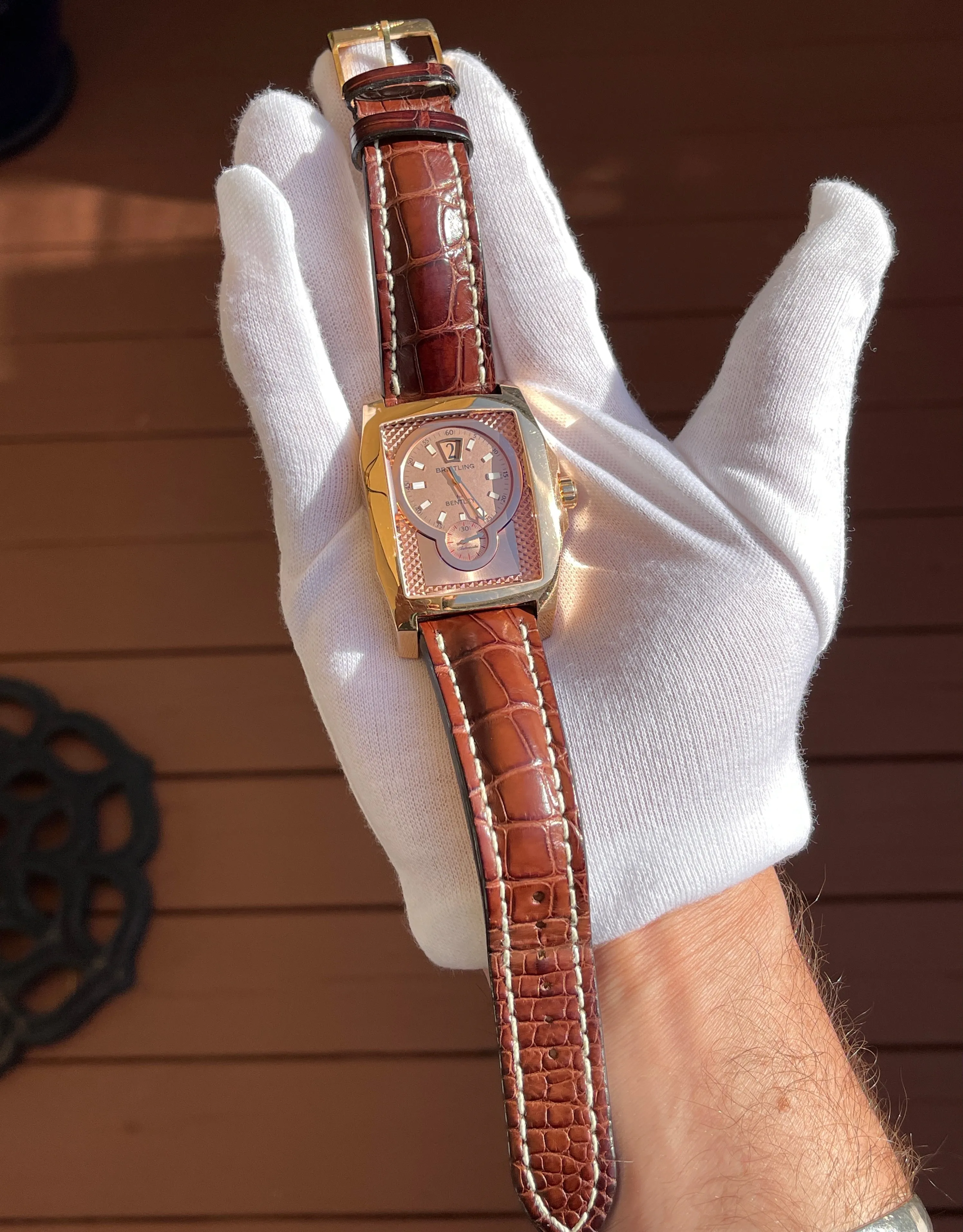 Breitling Bentley Flying B R28362 18K Rose Gold Leather Automatic Amber Jump Hour Wristwatch