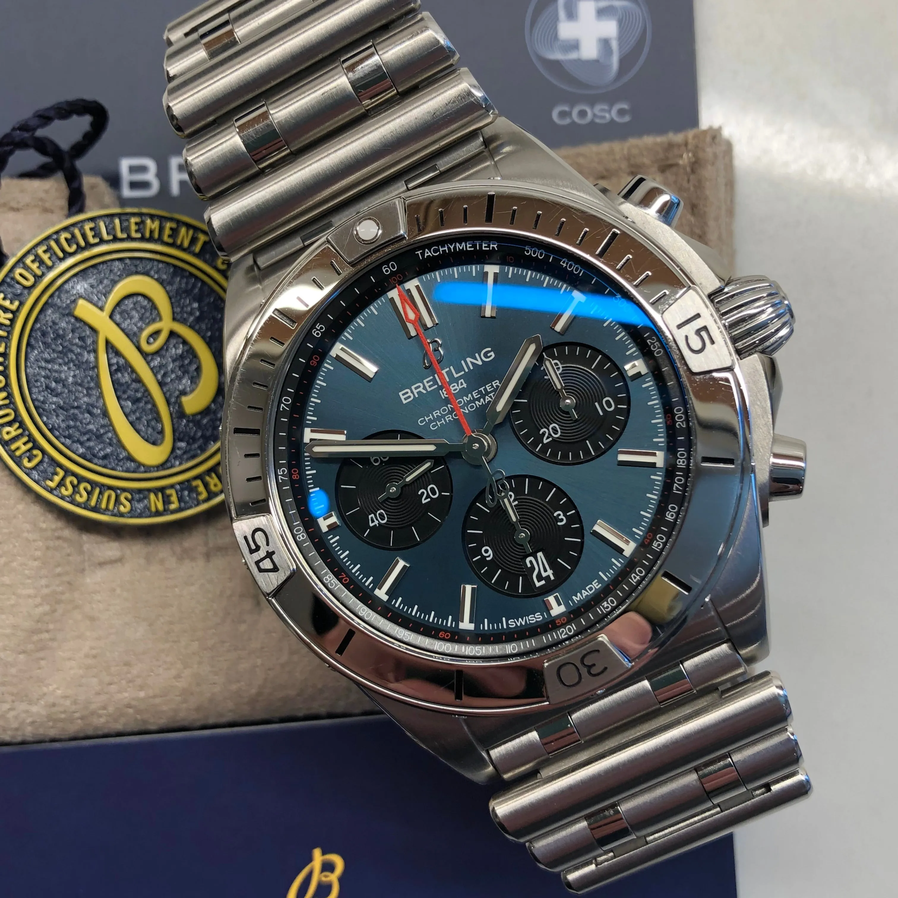 Breitling Chronomat B01 42 AB0134 Blue Stainless Steel Automatic Wristwatch with Box and Papers