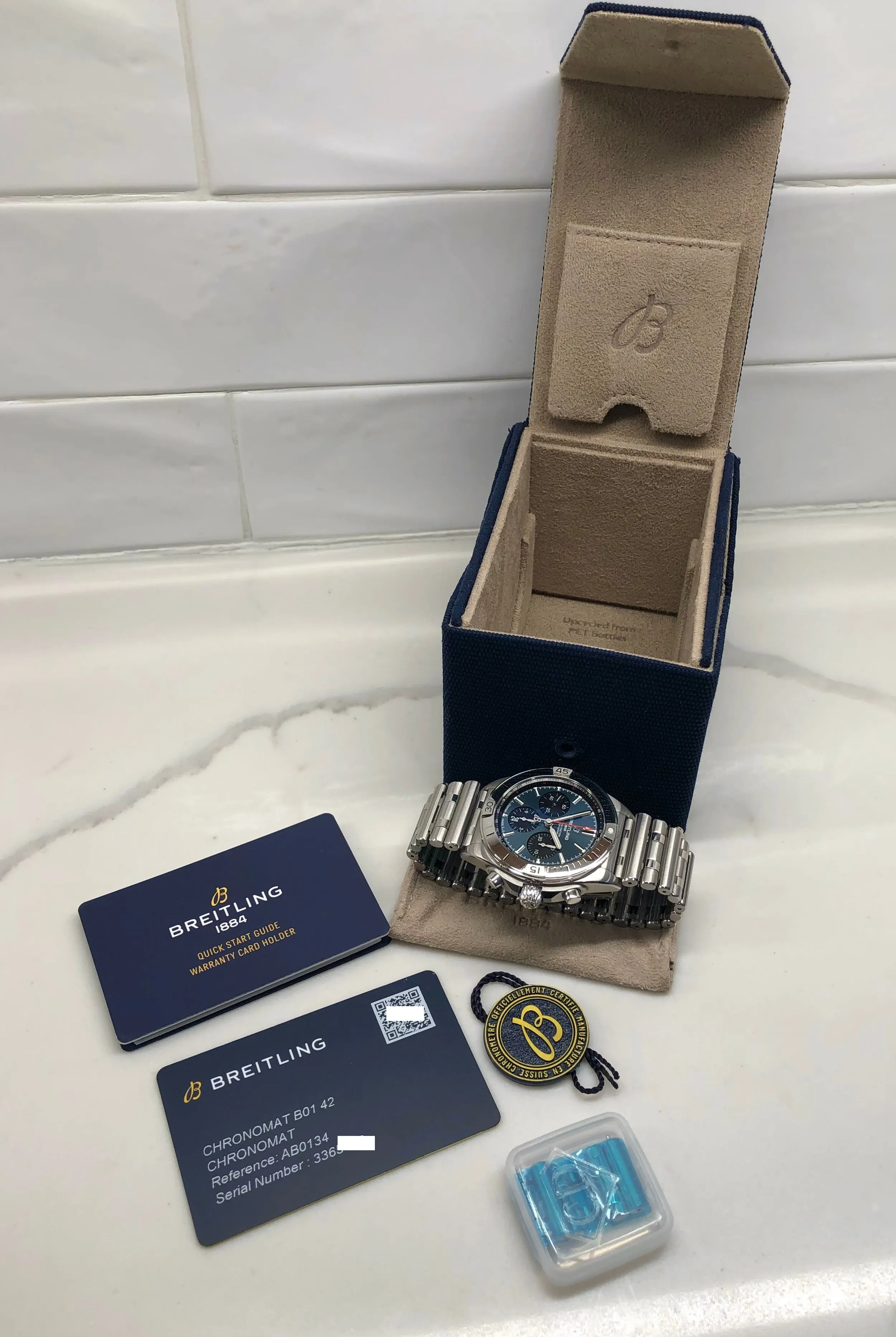 Breitling Chronomat B01 42 AB0134 Blue Stainless Steel Automatic Wristwatch with Box and Papers