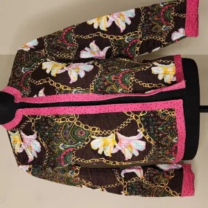 Brown &amp; pink embroidered wearable art reversible printed shacket
