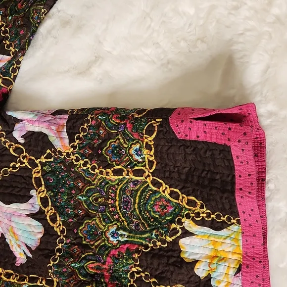 Brown &amp; pink embroidered wearable art reversible printed shacket