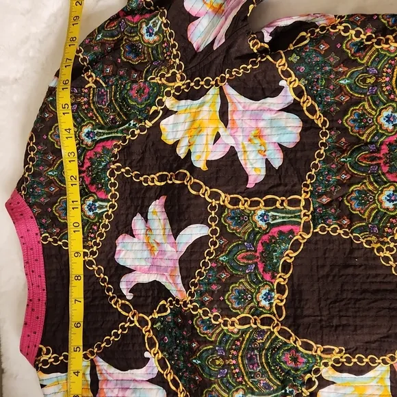 Brown &amp; pink embroidered wearable art reversible printed shacket