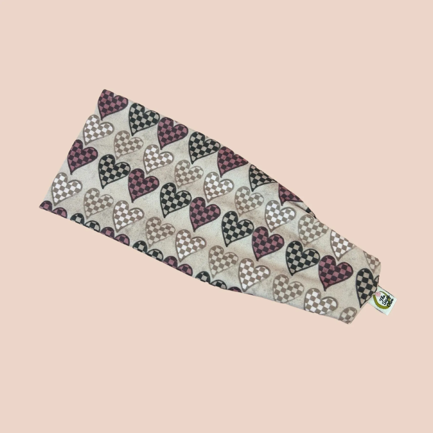 Brown Checker Hearts Stretch Headband