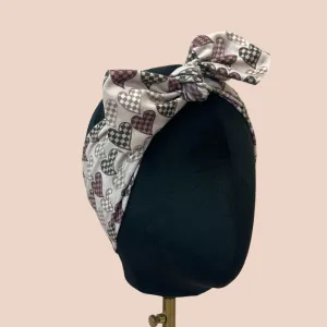 Brown Checker Hearts Top Knot Headband