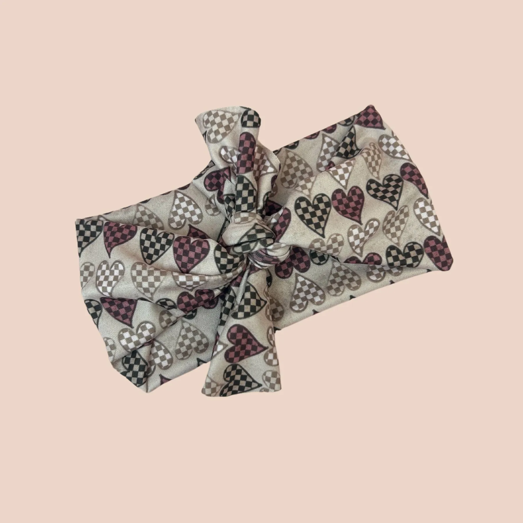 Brown Checker Hearts Top Knot Headband