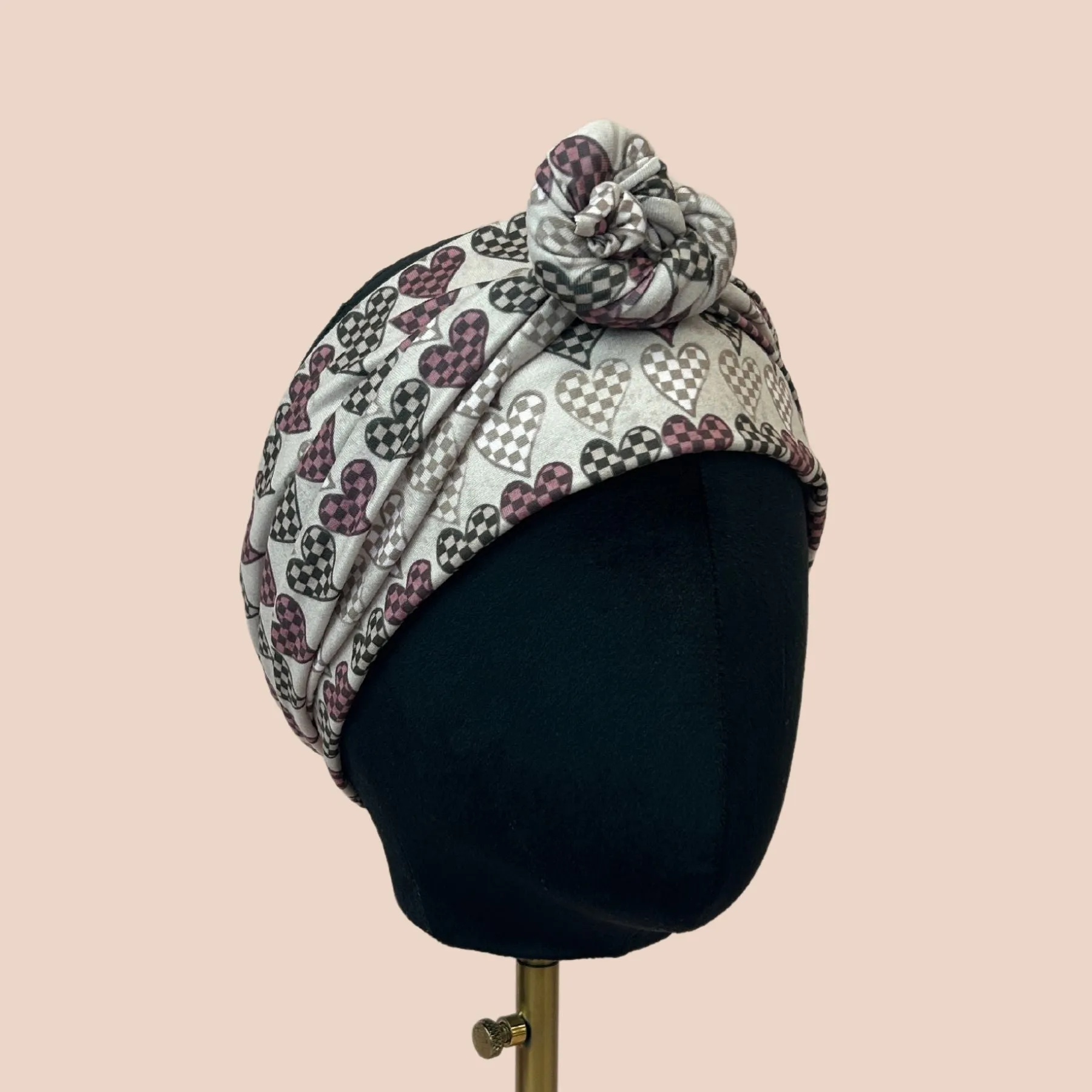 Brown Checker Hearts Wrap Headband